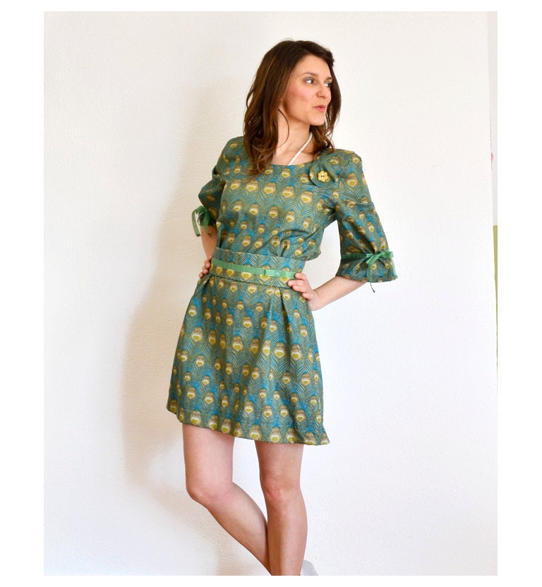 TOTALLY COOL SALE Greek Island peacock Dress with clay flower brooch