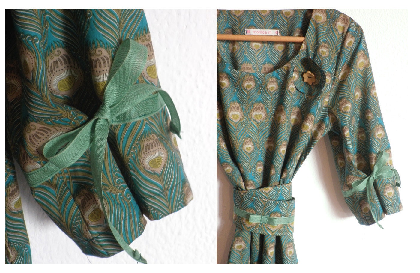 TOTALLY COOL SALE Greek Island peacock Dress with clay flower brooch