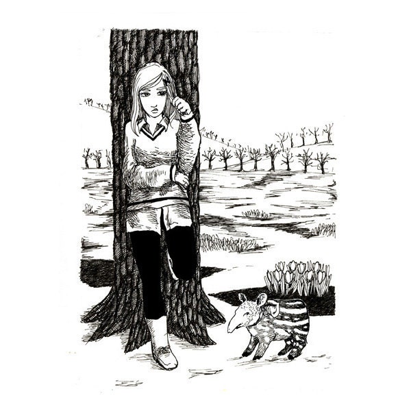 Teenage Girl with Baby Tapyr Original Ink Drawing March snow crocuses