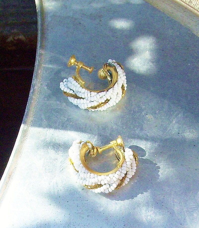 1940s Vintage Handbeaded White Seed Beads with Gold and Braided