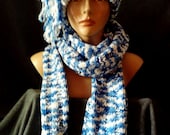 Hand Knit Hat Beret Beanie - Scarf Set in White and Blue Fall Winter Women Accessorie Special Gift