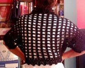 Crochet Black Cotton Shrug Bolero with Red Removable Flower Spring Summer Fall Winter Women