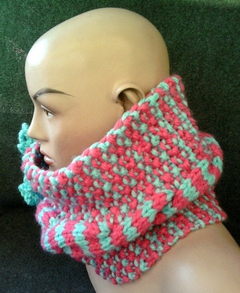 Hand Knit Chunky Cowl Neck Warmer Scarf Pink and Turquoise Ruffles Beads Braided Cabled Fall Winter Accessorie