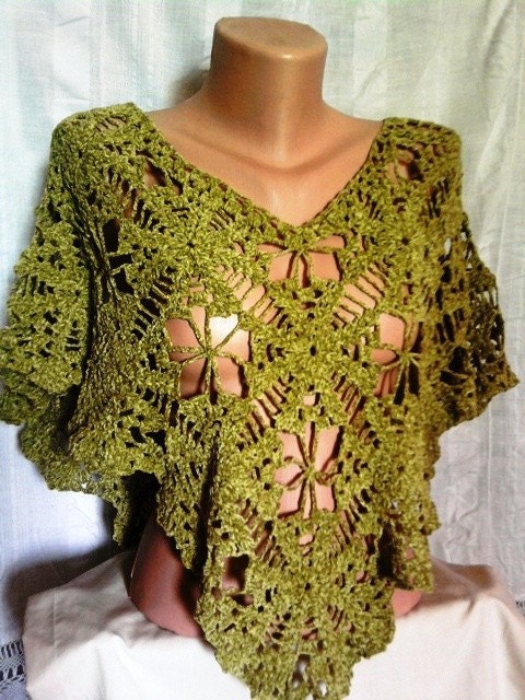 Crochet Green Poncho Spring Summer Fall Winter Women