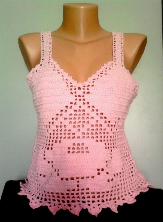 Crochet 100% Cotton Top Tank Halter with Rose Design in Pink Spring Summer Beachwear Wedding Top Women Clothing Fashion