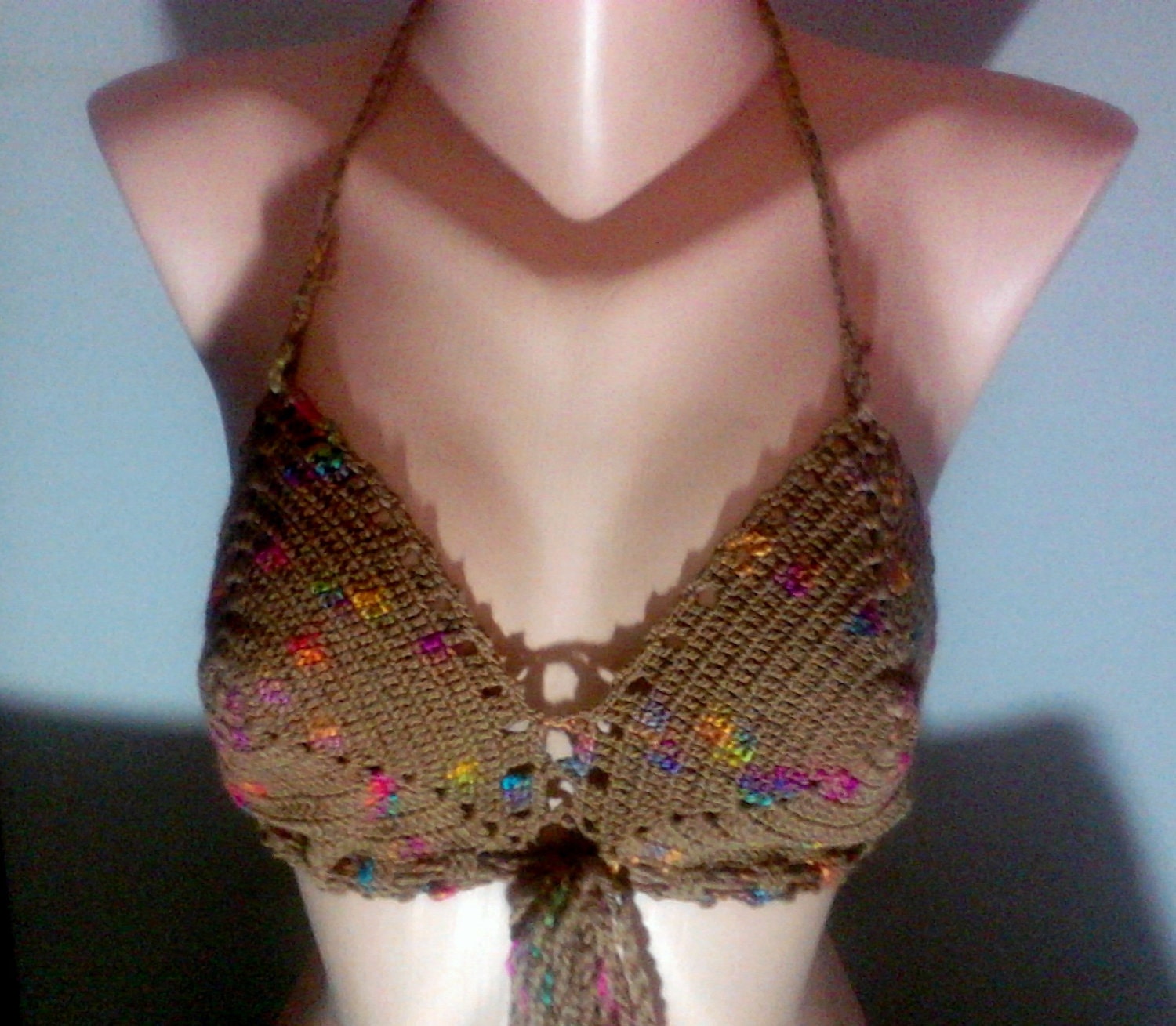 Bikini Top Tank Halter Brown Crochet Cotton Mixed Bikini Top Festival Top Swimwear Beacwear Spring Summer Fashion Women Clothing
