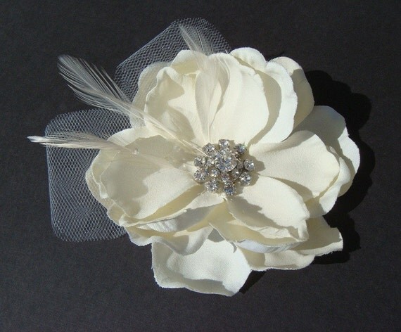 Elegant Ivory - Rhinestone, silk tulle, feathers, pure ivory bridal flower hair clip - pin comb headband veil
