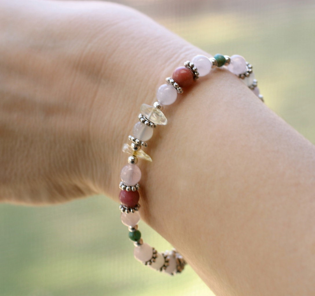 Fertility Bracelet for Endometriosis - Crysocolla, Rhodonite, Citrine, Rose Quartz, Moonstone beads, Turtle Charm
