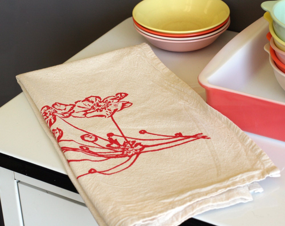 Natural Flour Sack Towel - Japanese Anemone - Hand Screen Printed Tea Towel