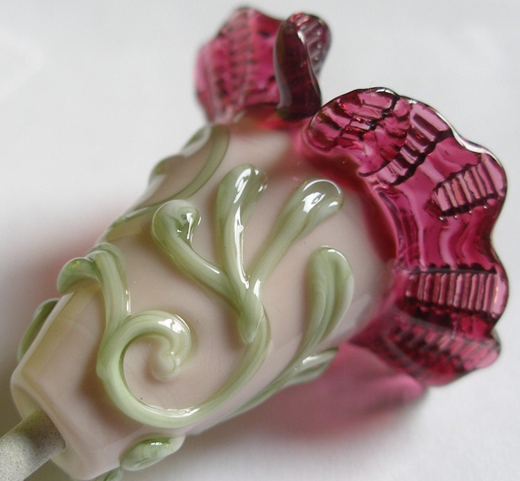 Lampwork Focal Bead-  Pendant Bead - SRA- I Pink and Wine - Bell Flower- Glass beads