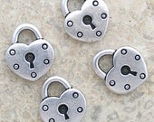 TierraCast Drop Heart Lock Charms- 4 Pieces- Fine Silver Plated Pewter Charms