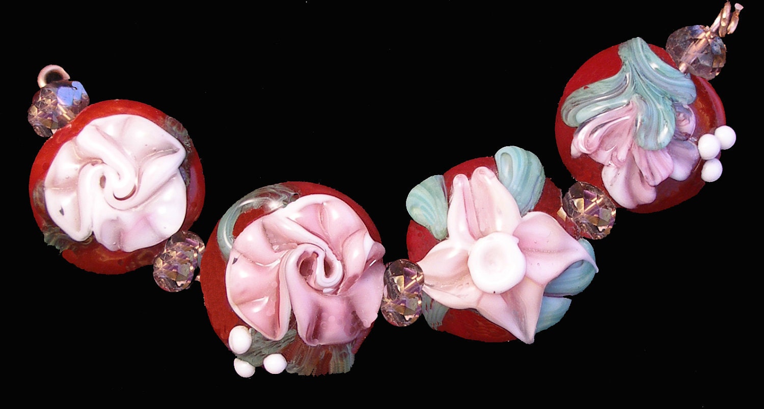 Lampwork, Glass Beads, Flowers, Bracelet Set- 4 Glass Beads- "Vintage Flower Medley" -SRA