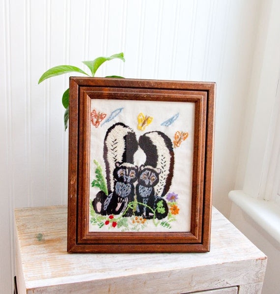 Skunks in Love framed needlework vintage woodland cottage decor black and white ON SALE ready to ship