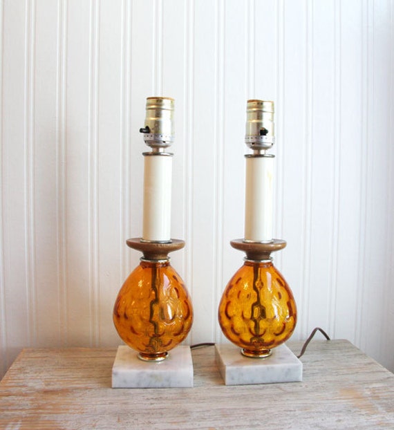 Vintage Table Lamps Amber Glass With Marble Bases By Mollyfinds 1020