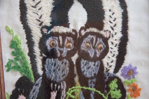 Skunks in Love framed needlework vintage woodland cottage decor black and white ON SALE ready to ship
