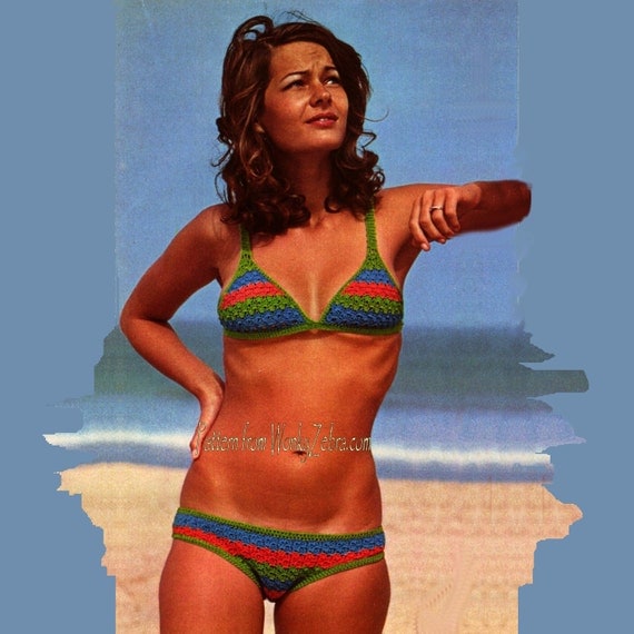 Vintage Crochet Bikini Pattern PDF 098 French Striped from WonkyZebra