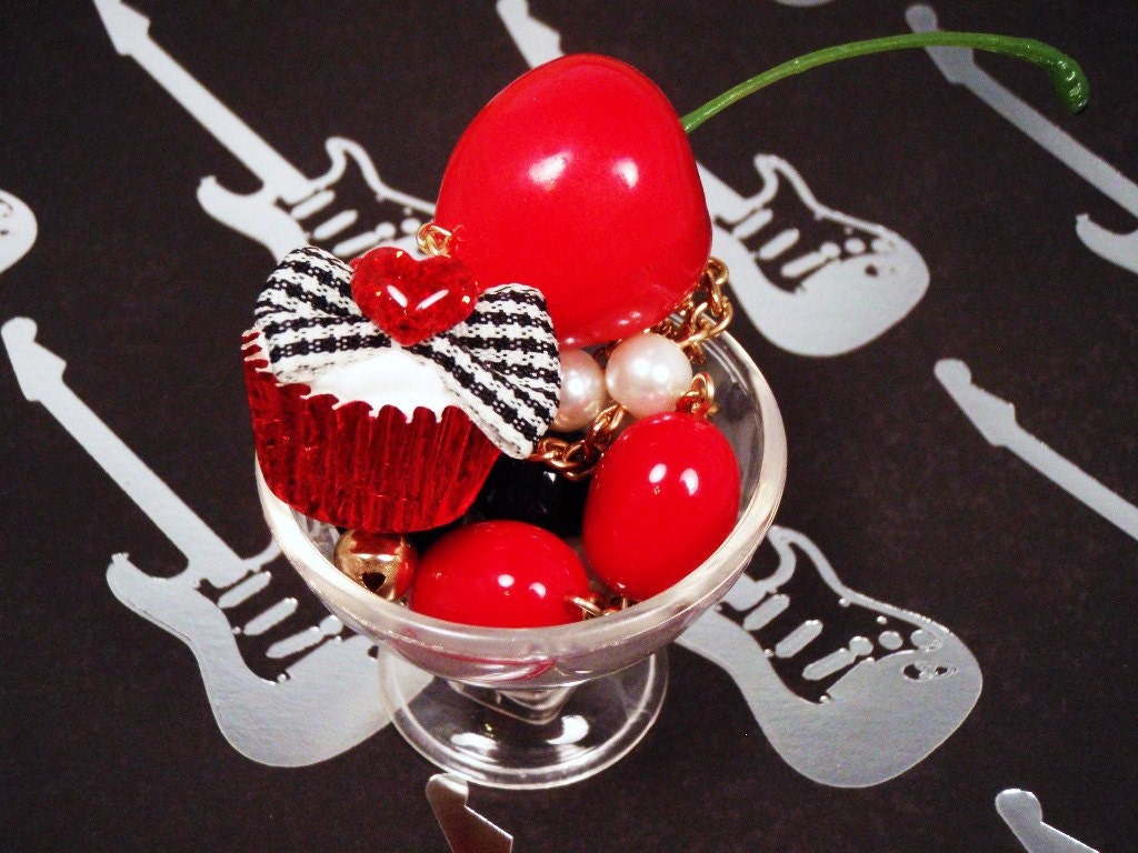 Cherries and Skulls Rockabilly Cherry Cupcake Beaded Chain Necklace Decora deco den