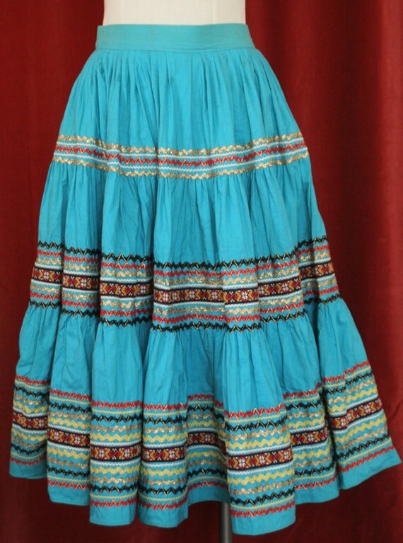 Fifties Turquoise Ric Rac Trimmed Mexican Peasant Skirt SIze SMALL to MEDIUM
