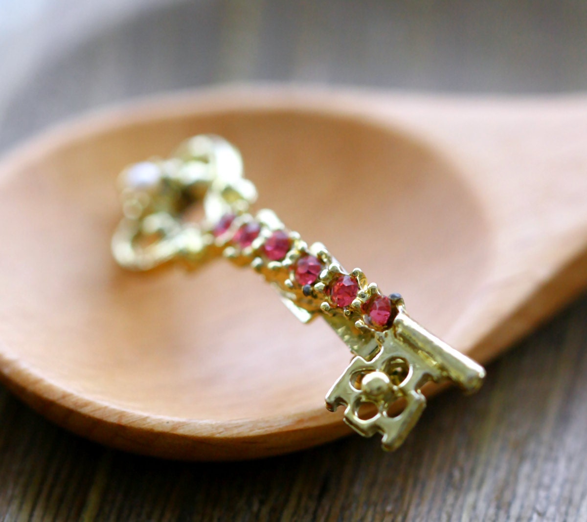 Vintage Skeleton Key Pin Brooch with Rhinestone