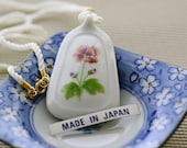 Vintage Floral Pendant . White Porcelain Silk Cord Necklace . Rose Flower and Leaf