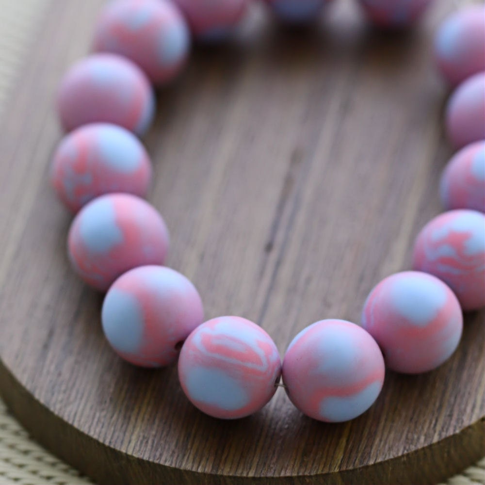Vintage Lucite Beads . Matte Blue Pink Granular Swirl