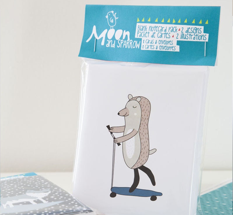 Hedgehog Illustration Blank Cards 8 Pack with envelopes two designs