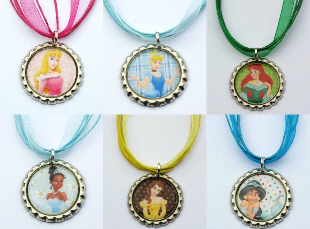 Disney Princess 6 Bottle Cap Necklaces, Birthday Party Favor Pack