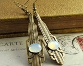Vintage Style Deco Drop Earrings in Bronze with White Mother of Pearl Effect Stones