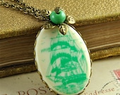 Ship Necklace Cameo Bronze Cream and Green Nautical
