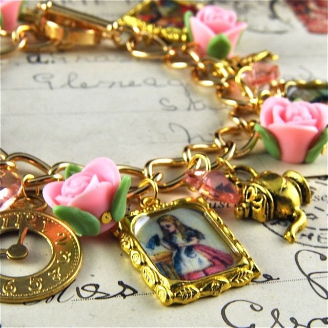 Alice in Wonderland Charm Bracelet in Gold with Pink Roses