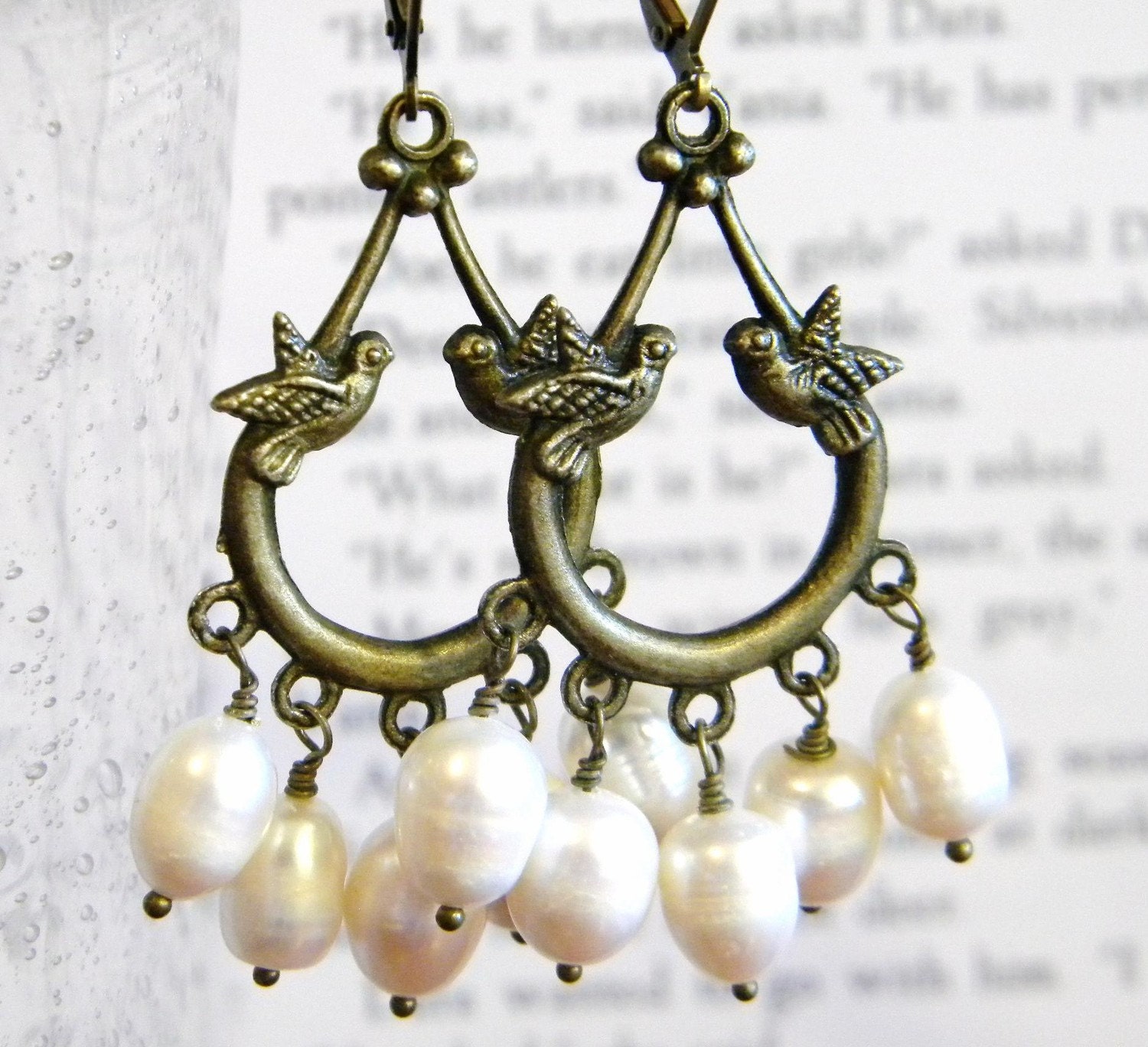 Wedding Statement Earrings Fresh Water Pearls and Woodland Birds