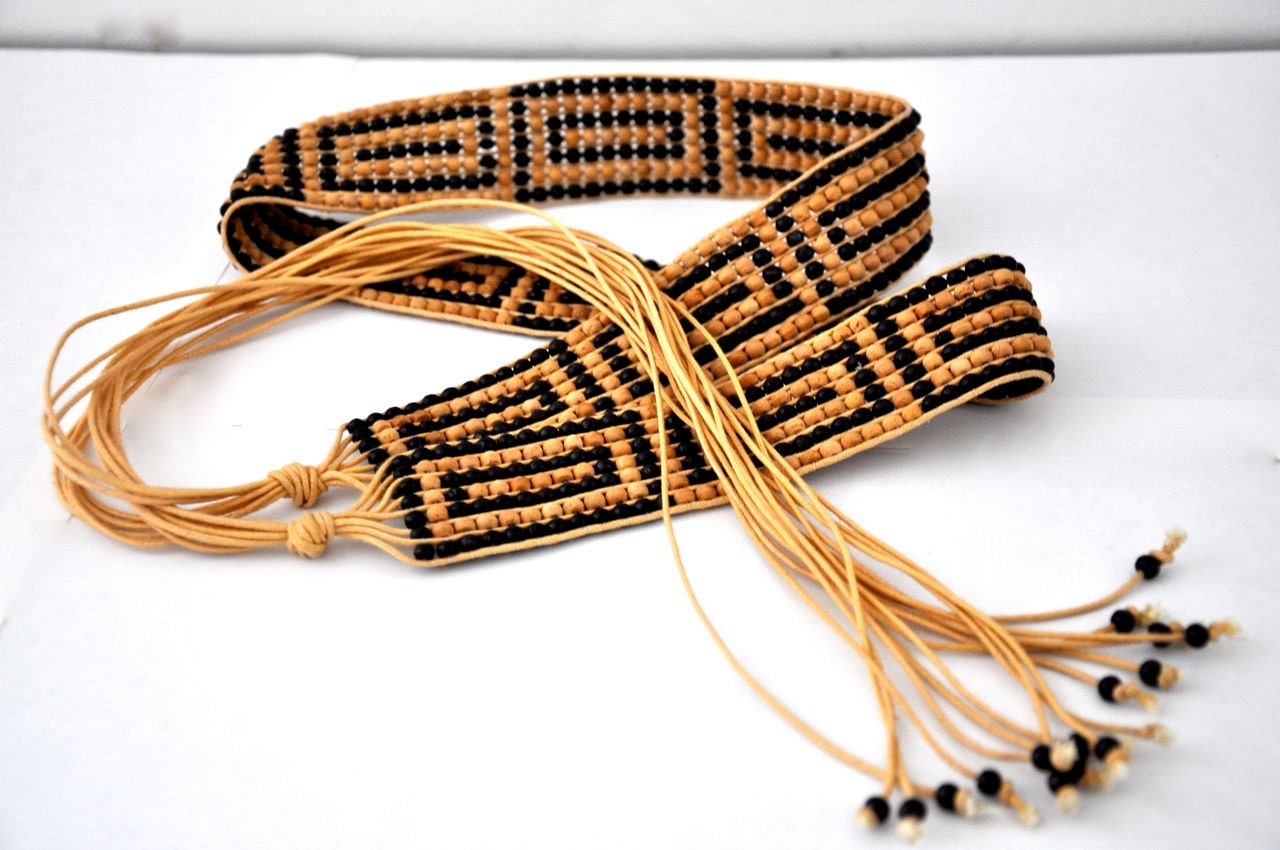 Beaded bohemian belt - tribal beach chic greek key design with tassels - Pamplepluie