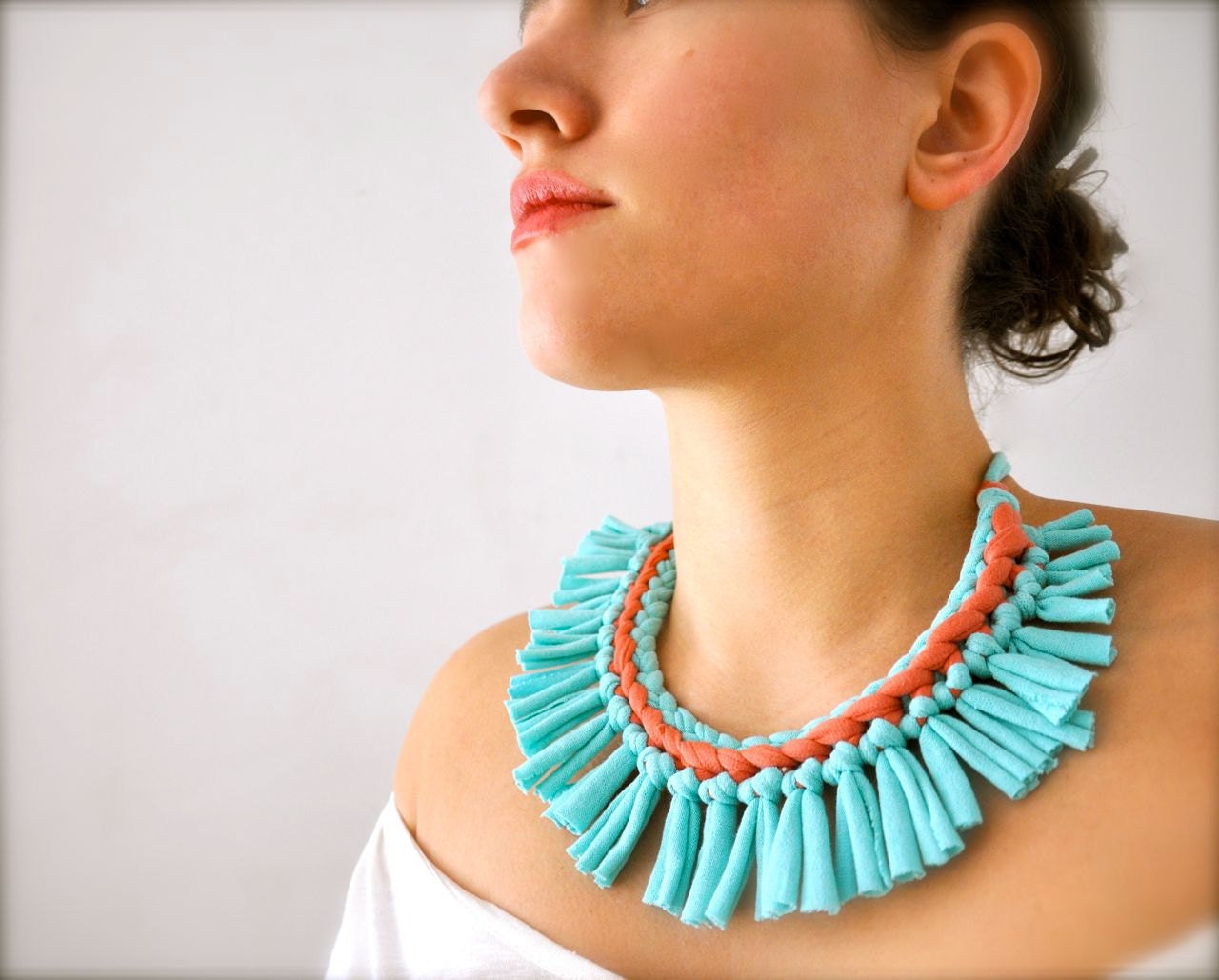 Turquoise Coral Statement Necklace - Pastel Tribal Upcycled Fabric Jewelry Fringe