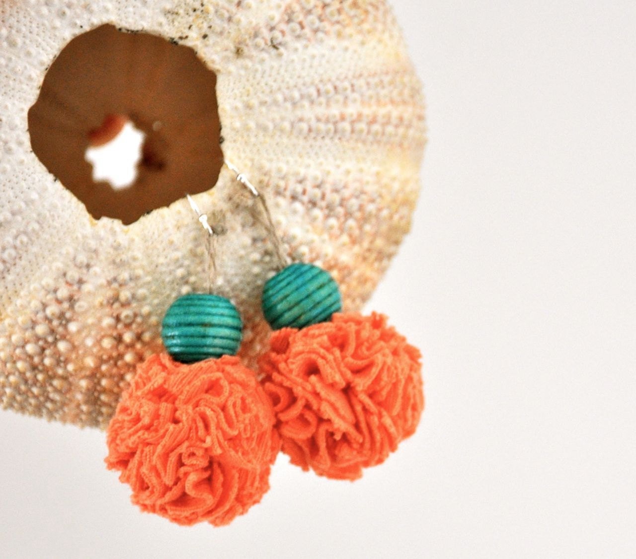 Bohemian Coral Turquoise Earrings - Pom Pom Recycled Fabric Jewelry