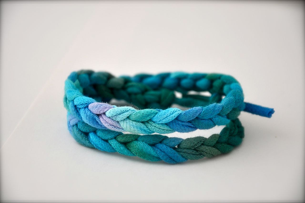 Turquoise Ombre Friendship Bracelet - Blue Rope Braided Recycled Fabric Jewelry