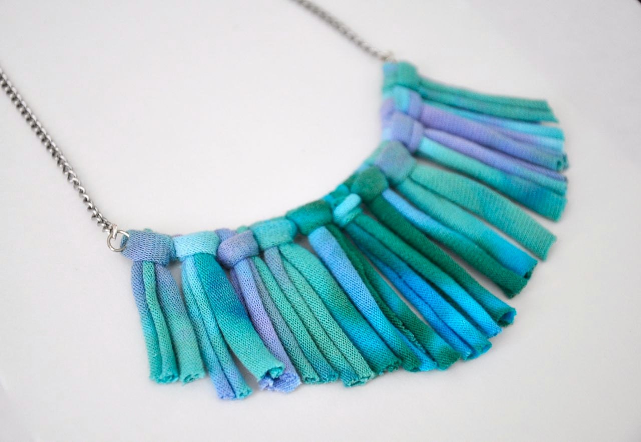 Turquoise Statement Necklace - upcycled Ombre Blue - Fabric Jewelry