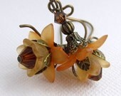 Yellow and Orange Lucite Flower Earrings, Brown Earrings, Antique Brass, Vintage Inspired, Lucite Flower Jewelry