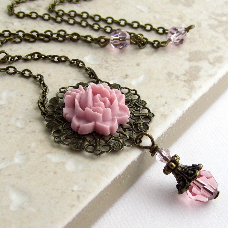 Pink Rose Flower Necklace. Rose Cabochon Necklace. Antique Brass Filigree Medallion. Wire Wrapped. Flower Jewelry.