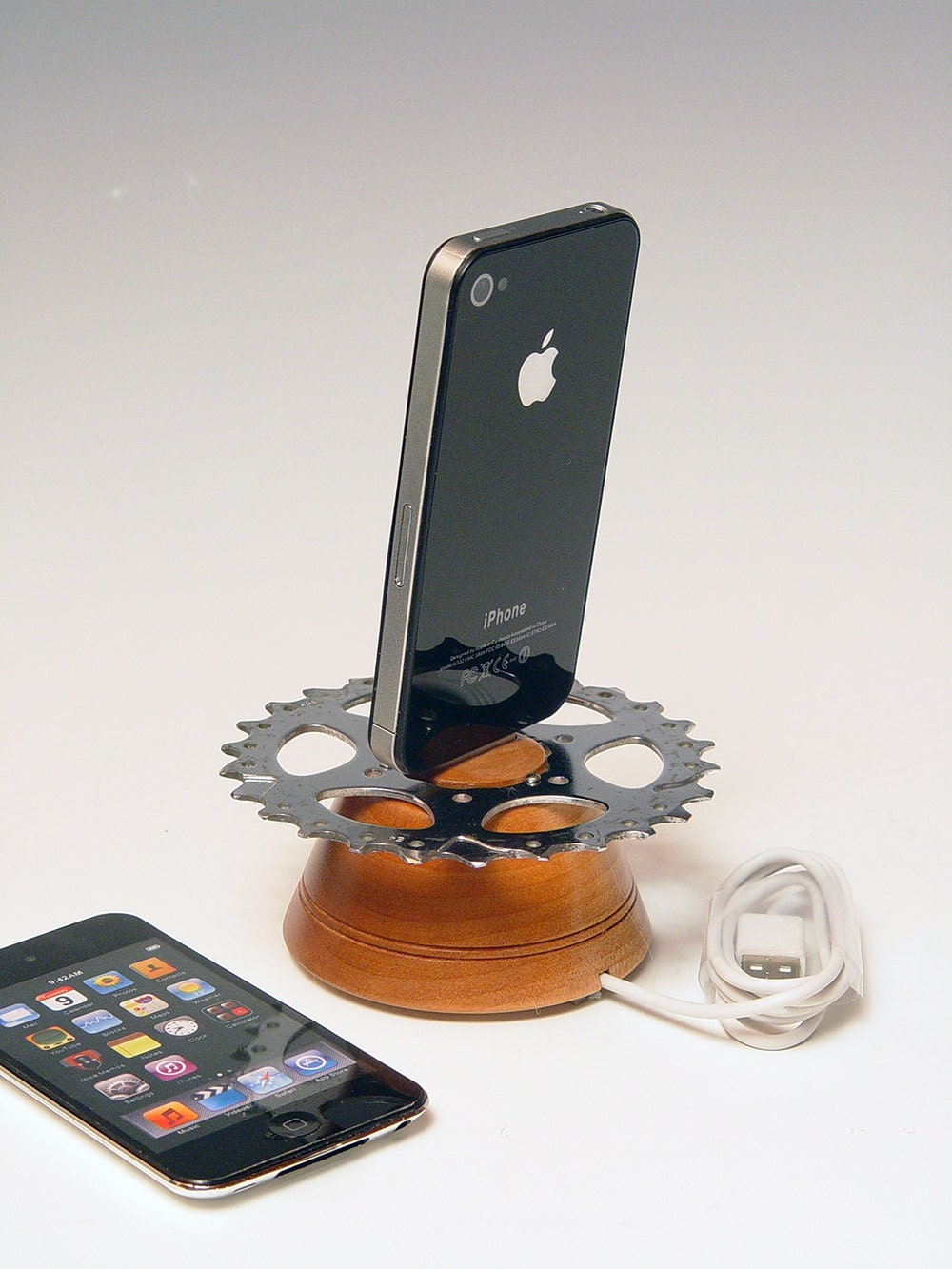 iPod dock. iPhone dock. Recycled bicycle gear and hard maple. A cool gift for a hiker, biker, gear head, or steam punk. FAST SHIPPING. 152