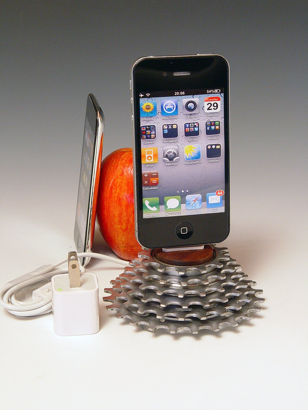 iPhone dock. iPod dock. Recycled bicycle gear and walnut. 218. Wall charge adapter. A unique gift for a cyclist, gear head, or steampunk.