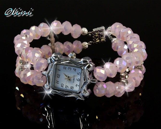 Wedding Jewelry, Bridal Opal pink crystals and Rhinestones Watch