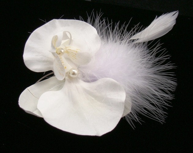 White ORCHID Flower with Feathers Bridal hair clip