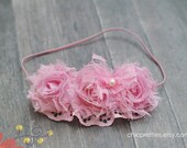 Girlie Pink Chiffon Rosette with Lace and Pearls on Skinny Pink Headband.