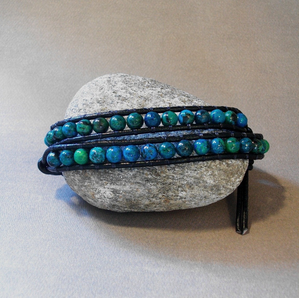 Leather Beaded Wrap Azurite 2x Wrap Bracelet,  Azurite Double Wrap Leather Bracelet