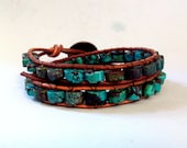 GREAT FATHERS DAY Gift, 2x Beaded Leather Wrap, Southwestern Turquoise Unisex Bracelet, Mens Leather Wrap