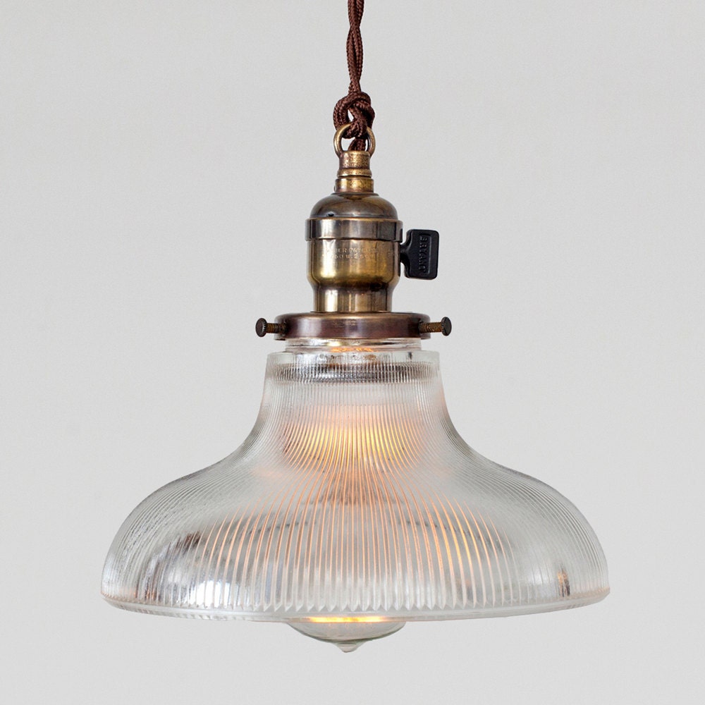 Vintage Holophane Glass Pendant Light 1914 Paddle Socket "Fat Boy" // Vintage Style Cloth Covered Twisted Cord & Bakelite Plug