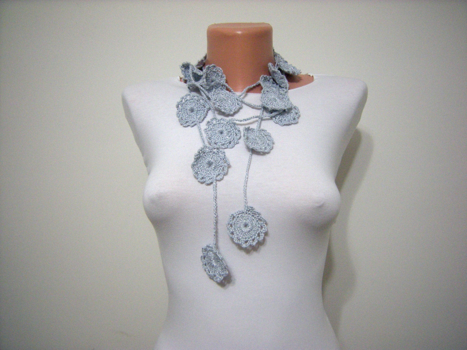 Hand Crochet Grey Flower Scarf- Long Necklace Winter Accessories-Fashion ,Elegant 2012