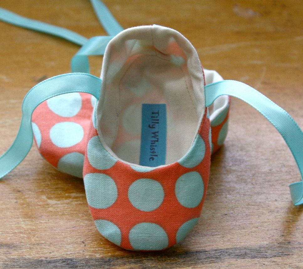 Coral and Blue Polka Dot Ballet Slipper Baby Booties