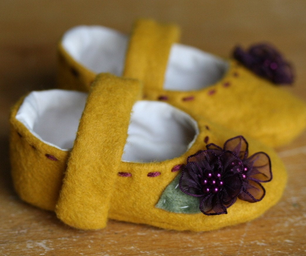 Yellow Wool and Purple Flowers Mary Jane Booties