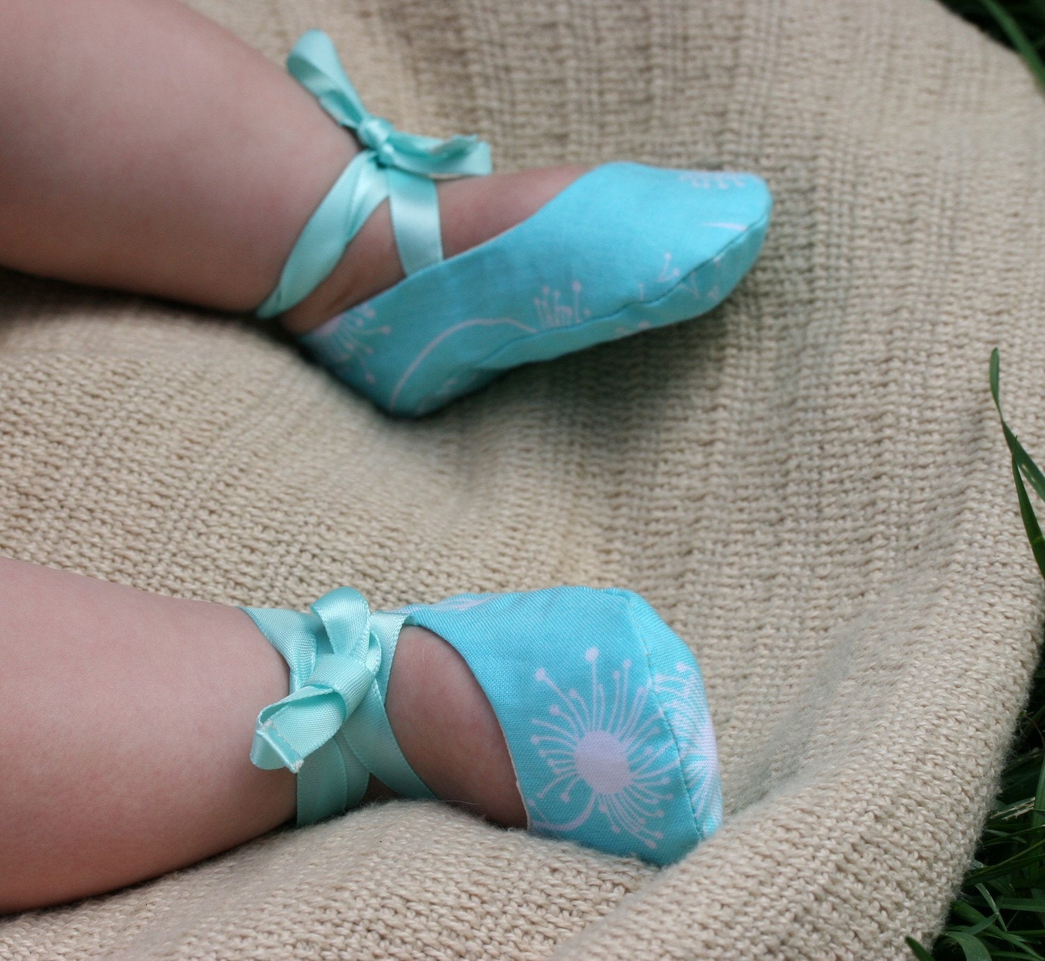 Coral and Blue Polka Dot Ballet Slipper Baby Booties